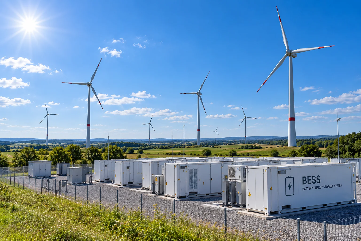 Windkraftanlagen und Batteriespeicher in einer grünen Landschaft